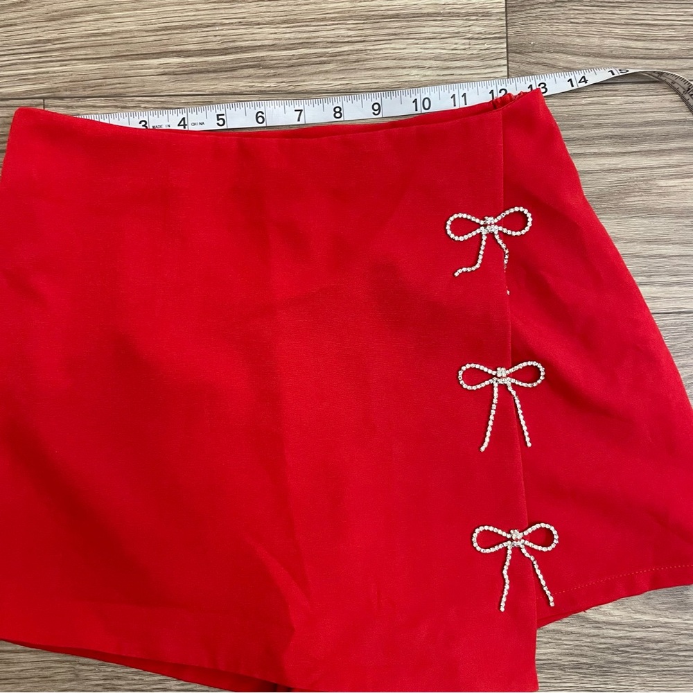 Lulumari Red Rhinestone Bow Wrap Front Mini Skort - Picture 6 of 10